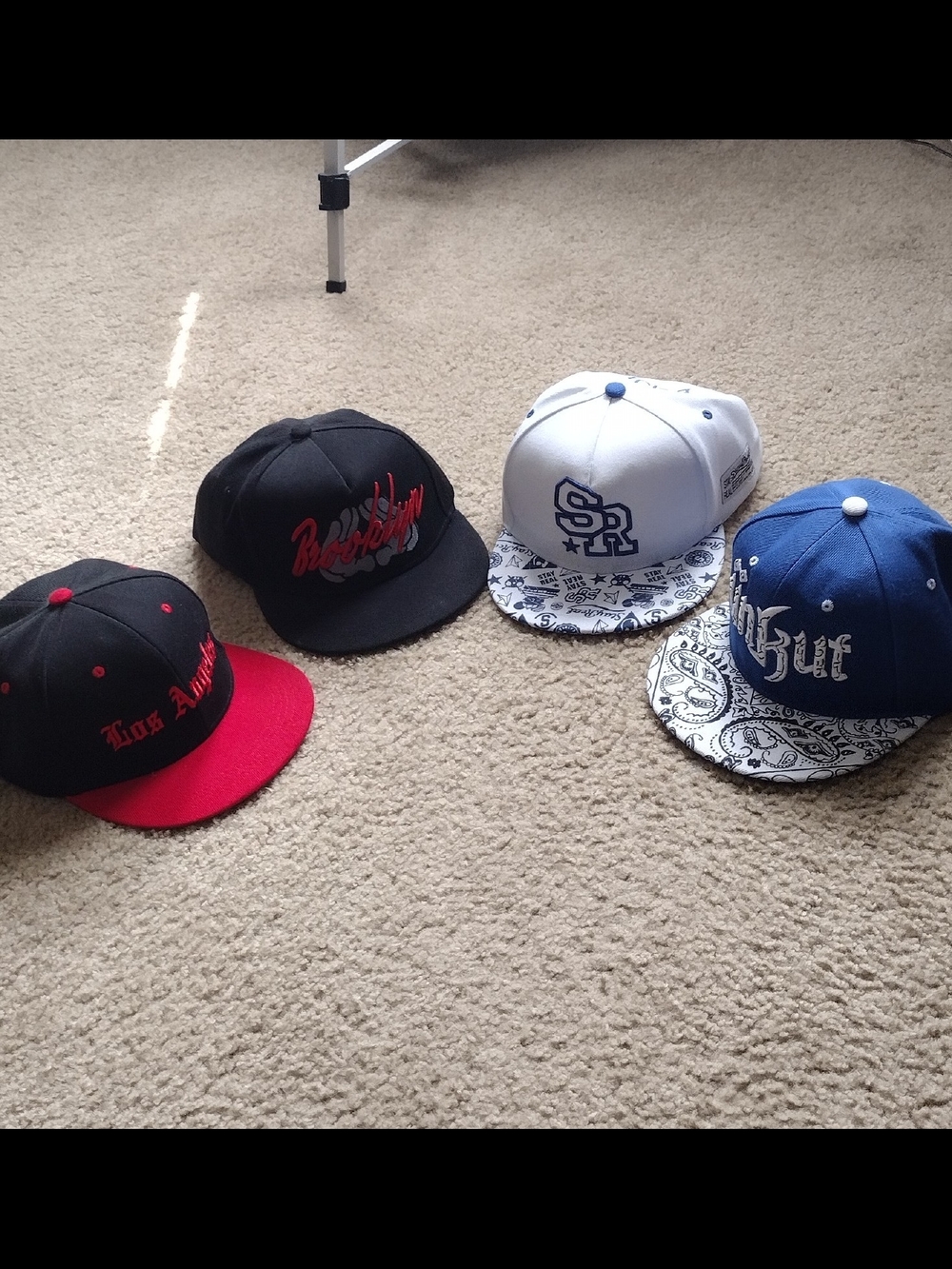 Bundle of (4) Flat Brim Snapback Hats - Black, Red, White, Blue